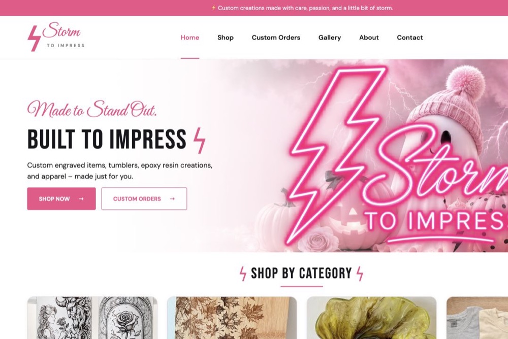 Storm to Impress homepage with pink branding, product categories, and shopping and custom-order links.